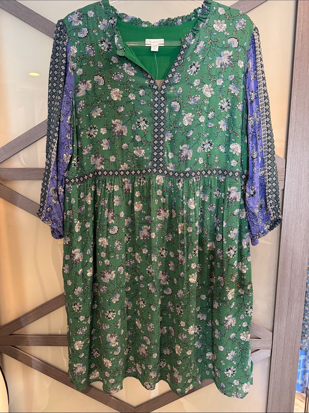 J. Jill Green Floral Peasant Dress with Blue Accent Sleeves NWT